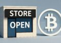 Negocio abierto junto a un logo de bitcoin.