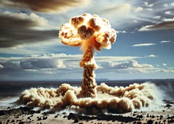 Una nube en forma de hongo se eleva sobre un desierto árido bajo un cielo azul, resultado de una prueba nuclear realizada por Estados Unidos.