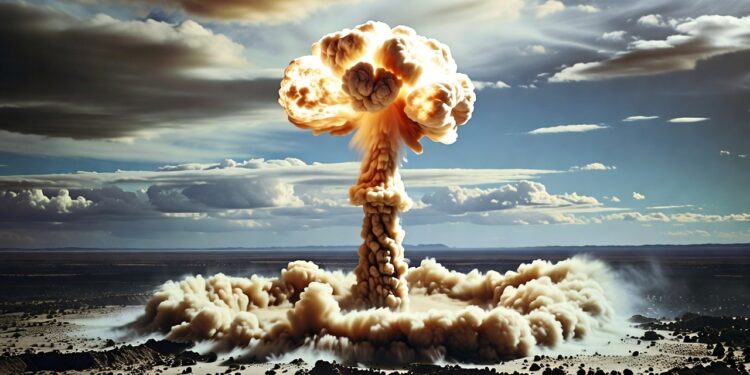 Una nube en forma de hongo se eleva sobre un desierto รกrido bajo un cielo azul, resultado de una prueba nuclear realizada por Estados Unidos.