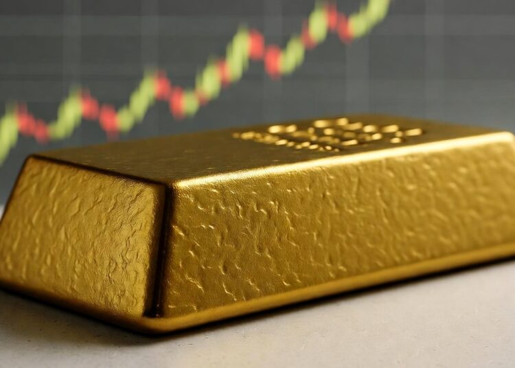 Lingote de oro con un gráfico de precios de fondo.