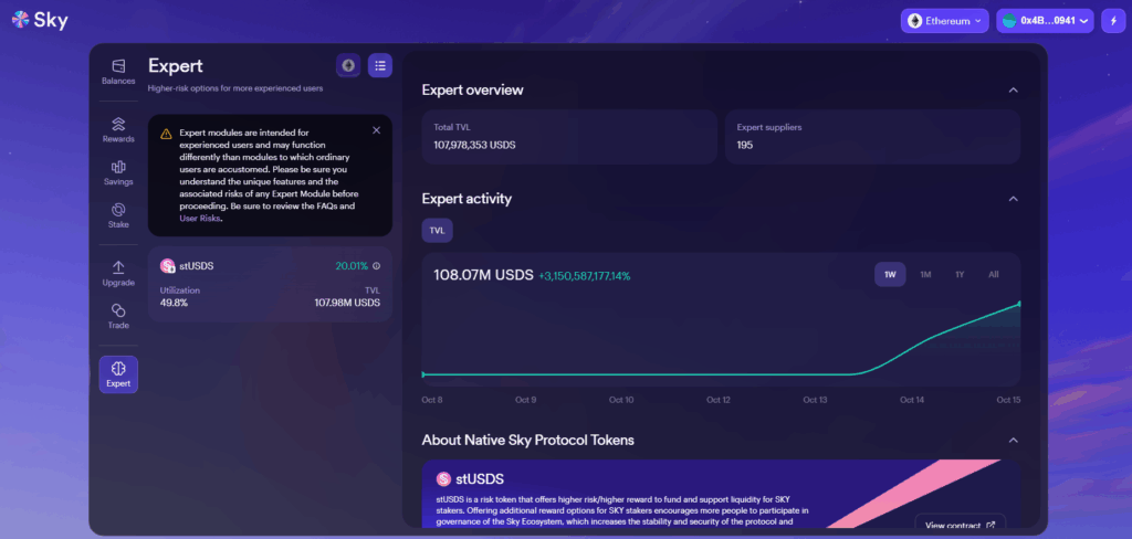 Sky panel showing information about this new token.