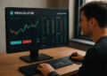 Un joven operador de criptomonedas está sentado frente a su computadora, analizando gráficos en una pantalla que muestra el DEX “PERCOLATOR” de Solana. La interfaz tiene un fondo oscuro con detalles en verde y rojo, y el entorno es un escritorio moderno de madera junto a una ventana que deja entrar luz natural.