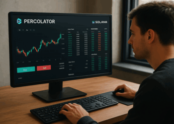 Un joven operador de criptomonedas está sentado frente a su computadora, analizando gráficos en una pantalla que muestra el DEX “PERCOLATOR” de Solana. La interfaz tiene un fondo oscuro con detalles en verde y rojo, y el entorno es un escritorio moderno de madera junto a una ventana que deja entrar luz natural.