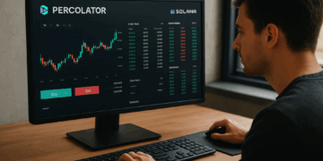 Un joven operador de criptomonedas está sentado frente a su computadora, analizando gráficos en una pantalla que muestra el DEX “PERCOLATOR” de Solana. La interfaz tiene un fondo oscuro con detalles en verde y rojo, y el entorno es un escritorio moderno de madera junto a una ventana que deja entrar luz natural.
