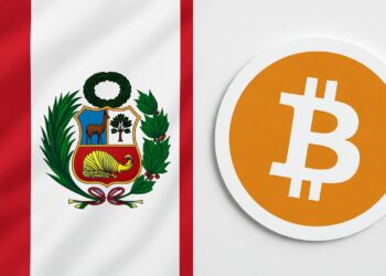 Bandera de perú junto al logo de bitcoin