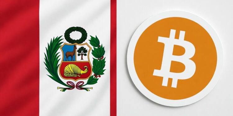 Bandera de perú junto al logo de bitcoin