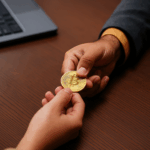Una mano intercambiando una moneda de bitcoin con otra en un escritorio de madera.