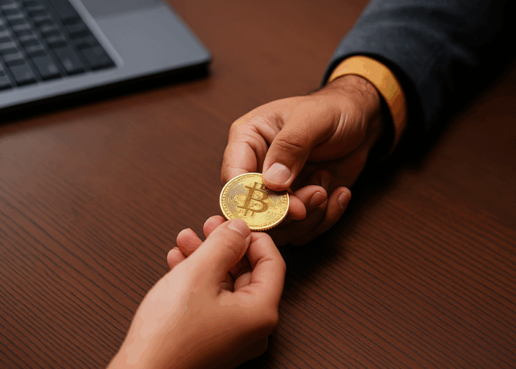 Una mano intercambiando una moneda de bitcoin con otra en un escritorio de madera.