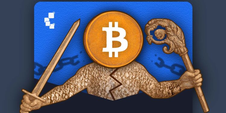 Moneda de Bitcoin dorada reemplazando la cabeza de un hombre, que sostiene una espada en la mano izquierda y un bastón que simboliza al Estado en la mano derecha.