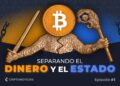 Figura humana con cetro y espada en cada mano y cabeza de bitcoin.