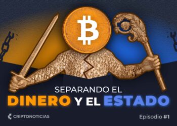 Figura humana con cetro y espada en cada mano y cabeza de bitcoin.
