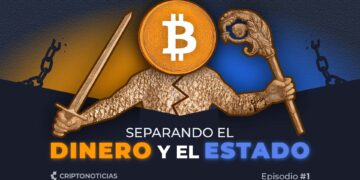 Figura humana con cetro y espada en cada mano y cabeza de bitcoin.