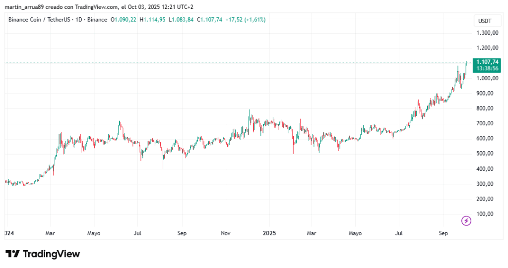 Gráfico de precios de velas de la criptomoneda BNB , que muestra una línea ascendente hacia la derecha.