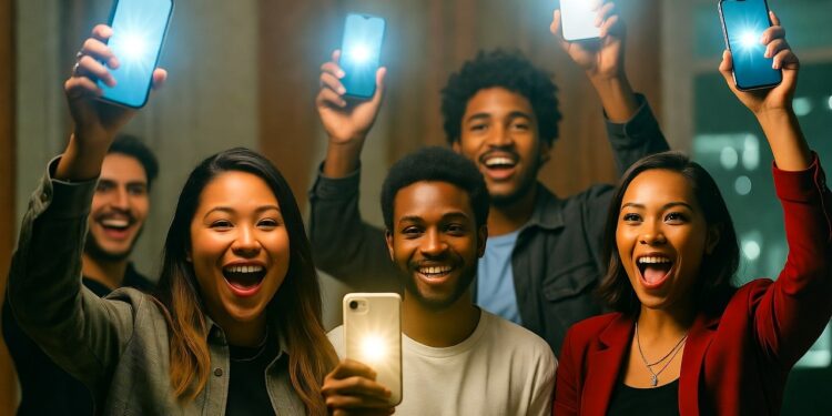 Personas festejando con sus celulares que se cumplen sus predicciones.