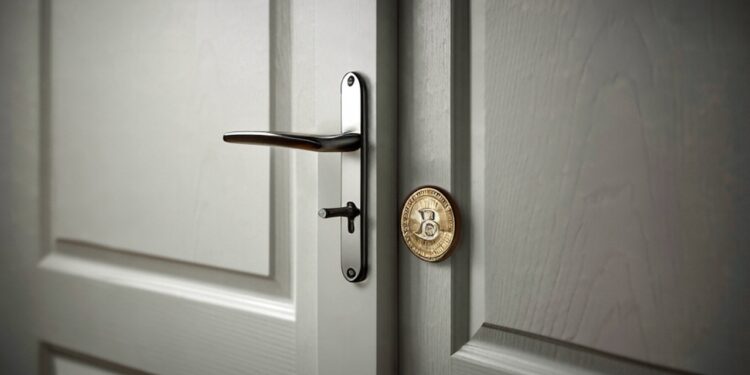 Puerta cerrada con el logo de 1 Bitcoin.