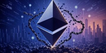 Logo de Ethereum sobre un fondo con detalles morados.