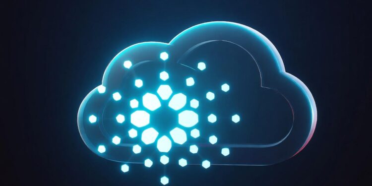 Imagen de un ícono de nube azul brillante con un conjunto de figuras geométricas luminosas dentro
