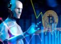 Robot de inteligencia artificial con una moneda física de bitcoin dorada y gráficas.