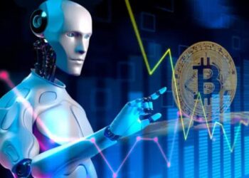 Robot de inteligencia artificial con una moneda física de bitcoin dorada y gráficas.