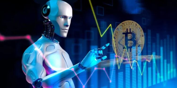 Robot de inteligencia artificial con una moneda física de bitcoin dorada y gráficas.