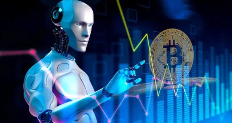 Robot de inteligencia artificial con una moneda física de bitcoin dorada y gráficas.