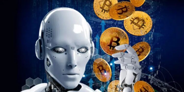Robot sujetando una moneda física de bitcoin dorada, con otras monedas alrededor..
