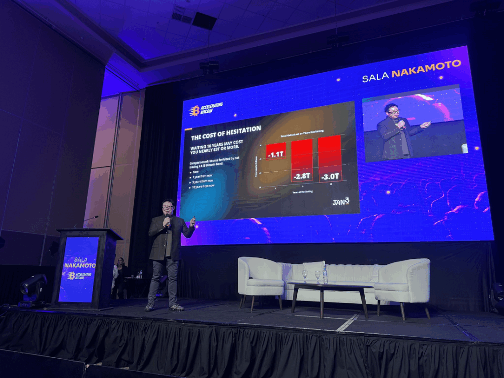 Foto de Samson Mow hablando en el escenario de un evento.