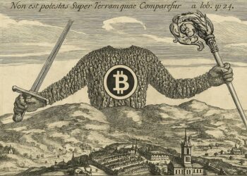 Versión del Leviatán de Hobbes en la que el Rey no tiene cabeza y en el centro hay un Bitcoin.