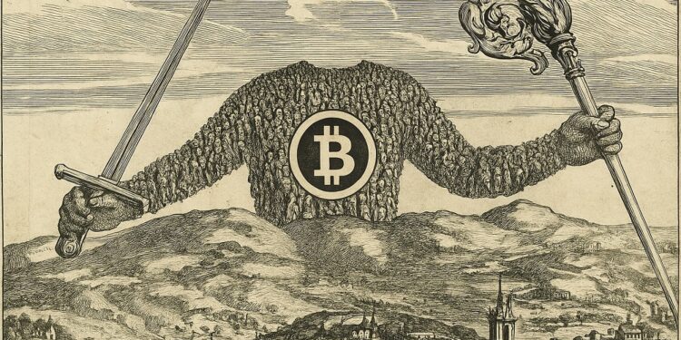 Versión del Leviatán de Hobbes en la que el Rey no tiene cabeza y en el centro hay un Bitcoin.