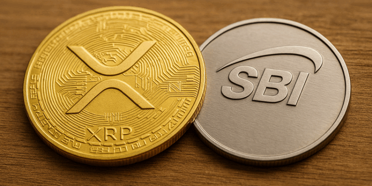 Imagen realista horizontal que muestra dos monedas juntas sobre una superficie de madera: una moneda dorada con el logotipo de XRP y otra plateada con el logotipo de SBI. La composición simboliza una alianza o inversión entre el banco japonés SBI y la criptomoneda XRP, destacando el contraste entre los metales y la luz cálida que resalta sus detalles grabados.