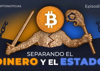 Figura humana con cetro y espada en cada mano y cabeza de bitcoin.