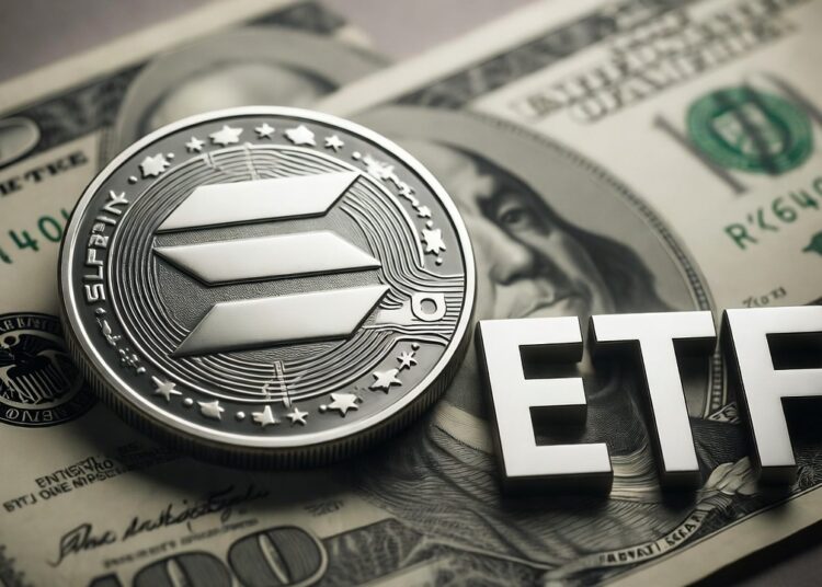 moneda física de Solana con el logo oficial grabado, apiladas y dispersas sobre billetes de 100 dólares estadounidenses auténticos y a la derecha, las letras ETF en relieve metálico.
