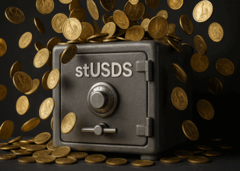 Caja fuerte con la leyenda "stUSDS". Sobre ella, caen monedas de 1 dólar.