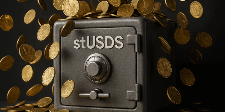 Caja fuerte con la leyenda "stUSDS". Sobre ella, caen monedas de 1 dólar.
