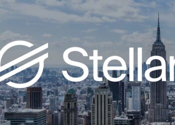 Logo de Stellar con una ciudad de fondo.