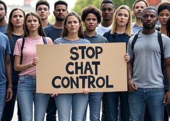 Personas en Europa piden frenar el proyecto apodado Chat Control. Fuente: Imagen generada con Grok IA por CriptoNoticias.