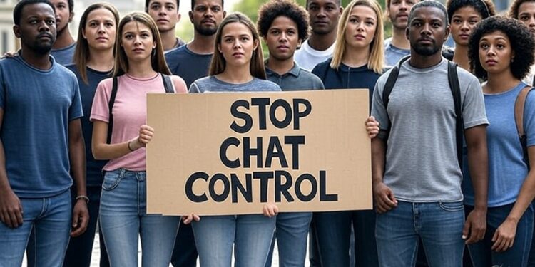Personas en Europa piden frenar el proyecto apodado Chat Control. Fuente: Imagen generada con Grok IA por CriptoNoticias.