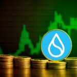 Una criptomoneda de SUI sobre monedas doradas.