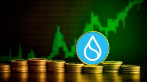 Una criptomoneda de SUI sobre monedas doradas.