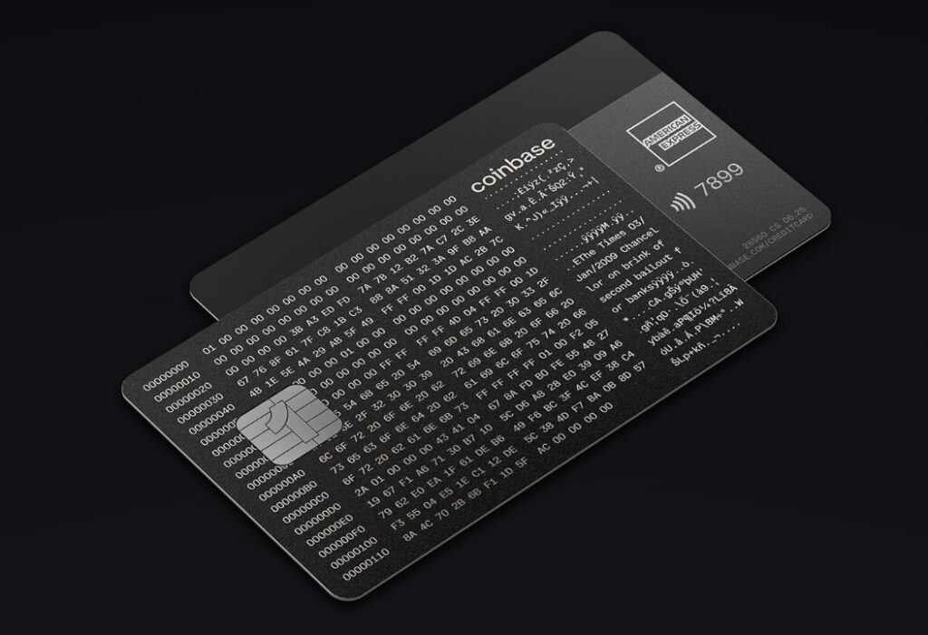 Tarjeta de Coinbase que incorpora un grabado del código hexadecimal del Bloque Génesis.