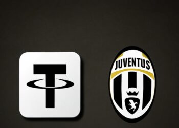 Logos de Tether y de la Juventus FC sobre un fondo gris.