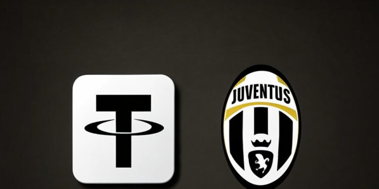 Logos de Tether y de la Juventus FC sobre un fondo gris.
