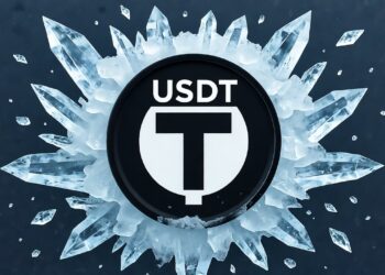 Logo de USDT, la stablecoin de tether, congelado.
