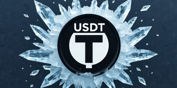 Logo de USDT, la stablecoin de tether, congelado.