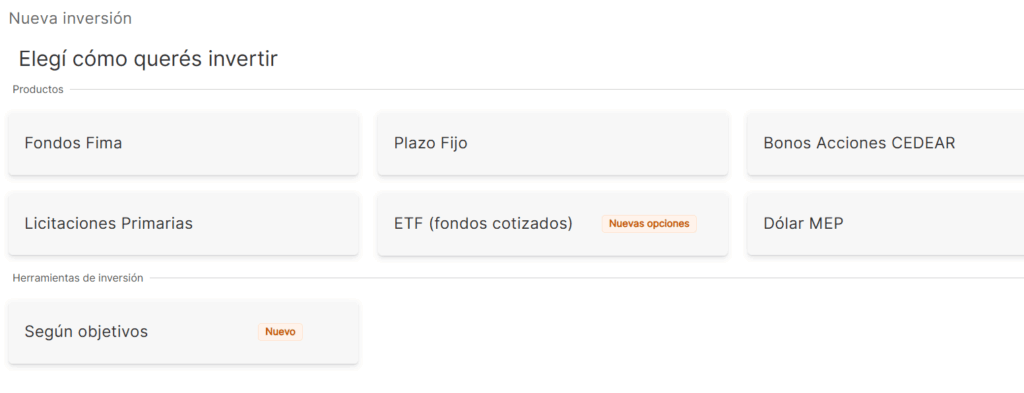 Captura de pantalla en la que se ven los tipos de inversiones que ofrece el Banco Galicia, entre ellas, ETF.