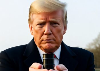Trump sosteniendo un pequeño barril de petróleo.