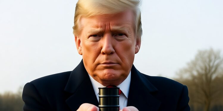 Trump sosteniendo un pequeño barril de petróleo.