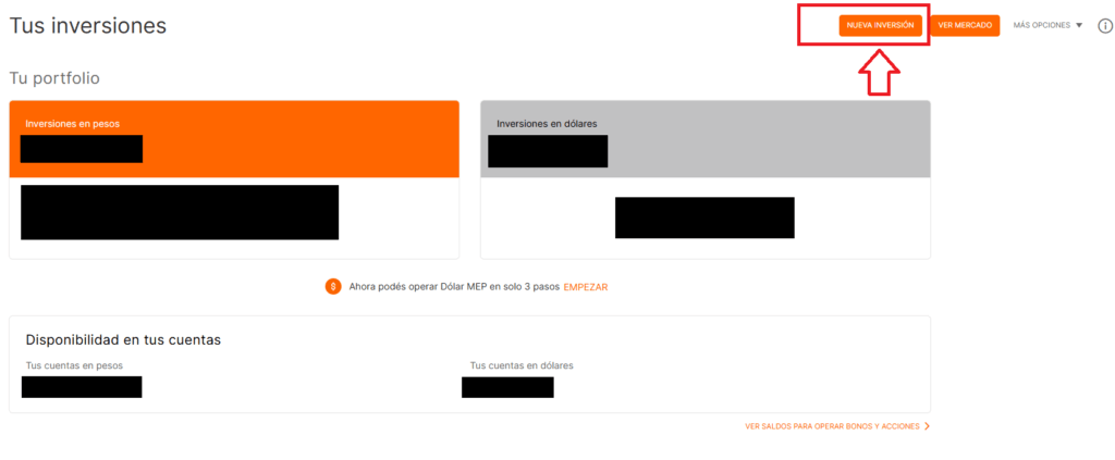 Captura de pantalla de la sección "Tus inversiones" en Banco Galicia.