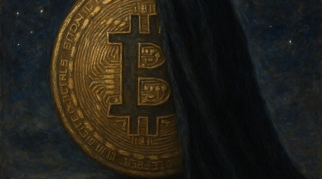 Una moneda de bitcoin tapada a la mitad por un velo oscuro en una noche estrellada.