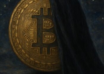 Una moneda de bitcoin tapada a la mitad por un velo oscuro en una noche estrellada.
